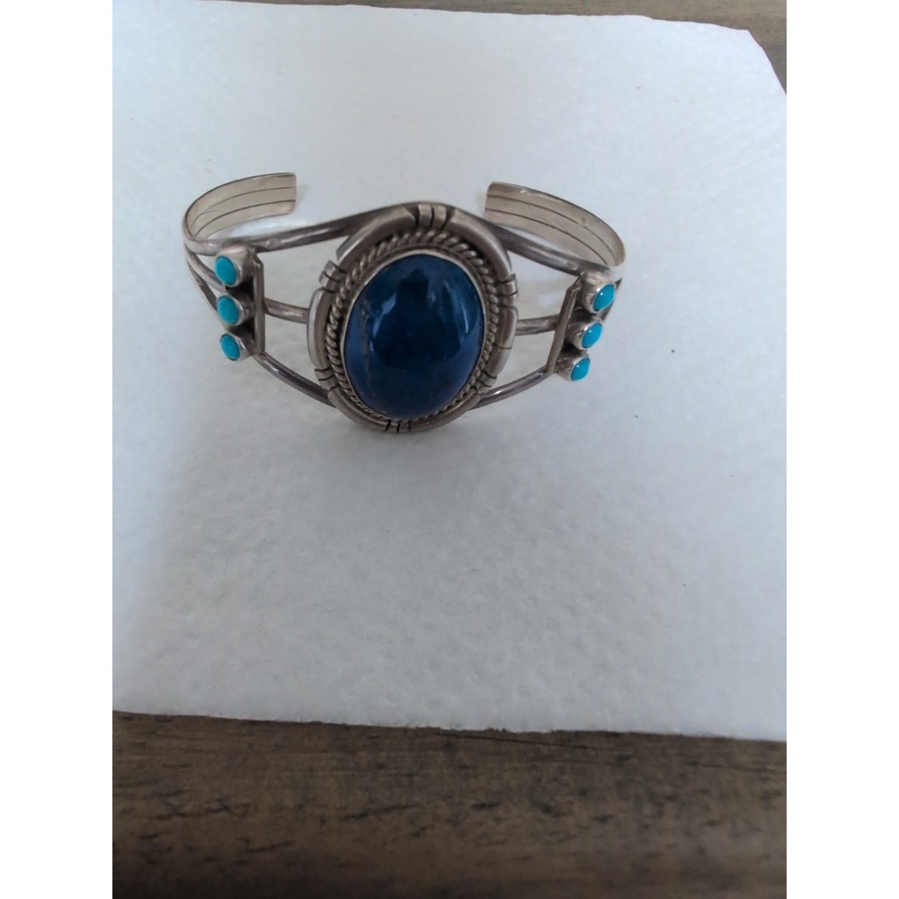 Native American Sterling Silver Handmade Navajo Lapis Turquoise Cuff  Bracelet